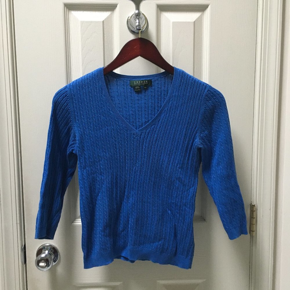 Ralph Lauren  V-Neck Cable Knit Blue Sweater Size P